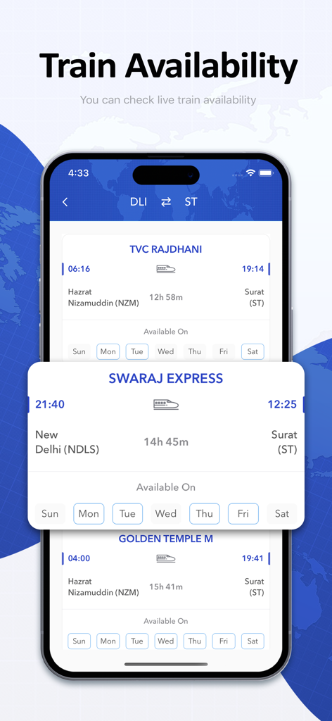 Smartphone screen showing train availability schedules and travel times for Indian Railways