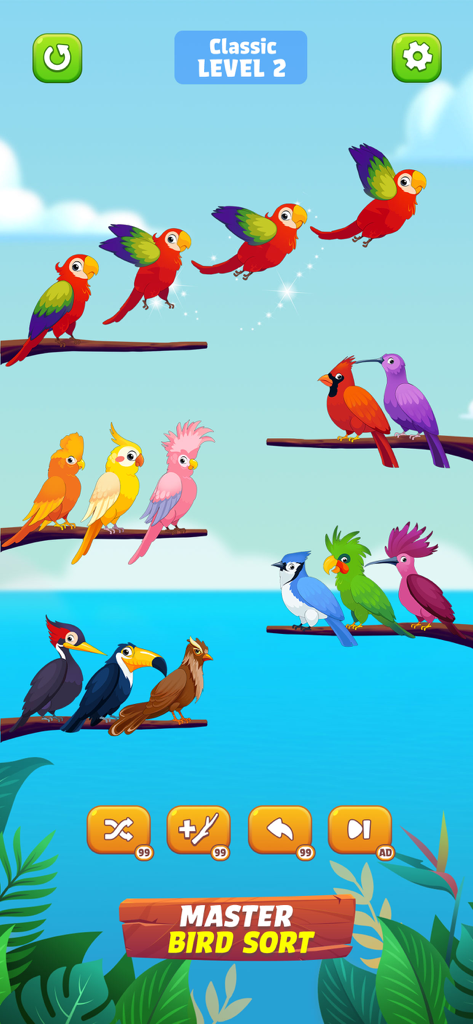 Captura de pantalla del juego de Bird Sort Color Puzzle mostrando pájaros coloridos en ramas