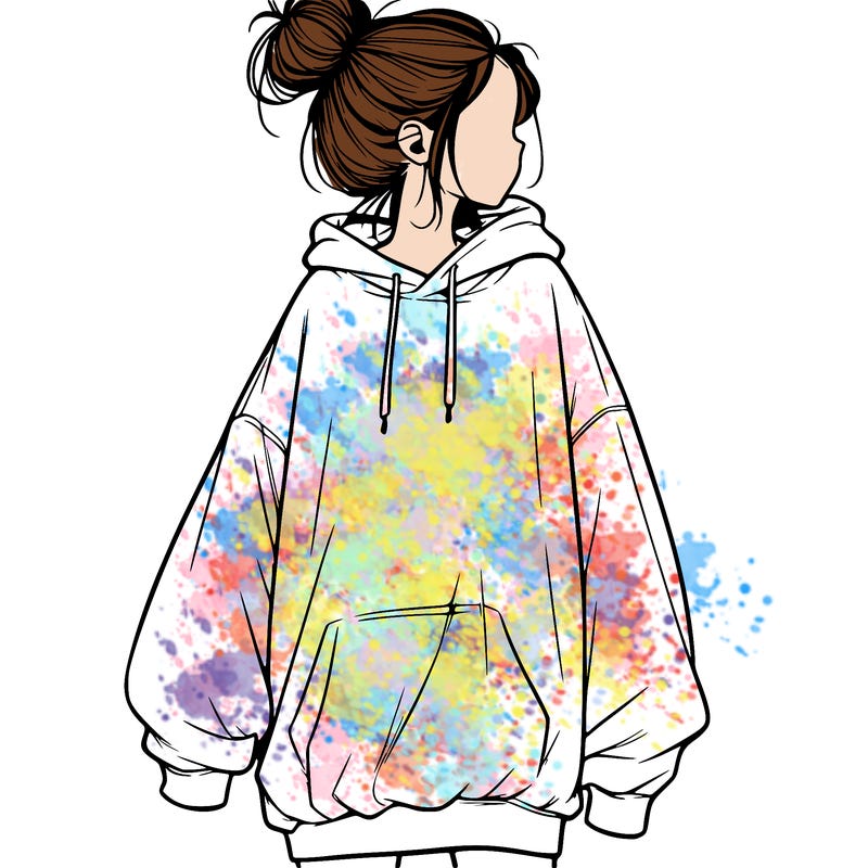 realistic girl with a oversized sweatshirt on and a bun