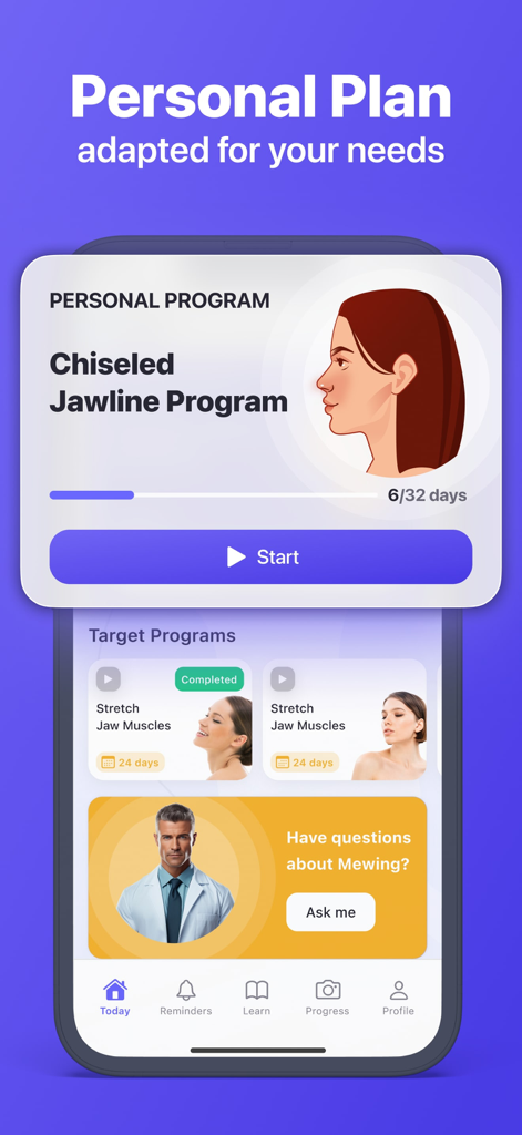 Personalized jawline exercise program and progress tracker on the Mewing app screen.