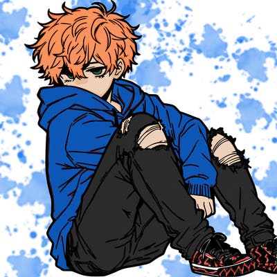 a male hoddie ripped jeans messy hair anime