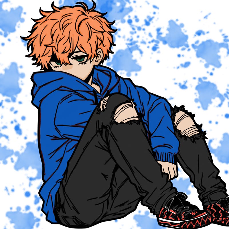 a male hoddie ripped jeans messy hair anime