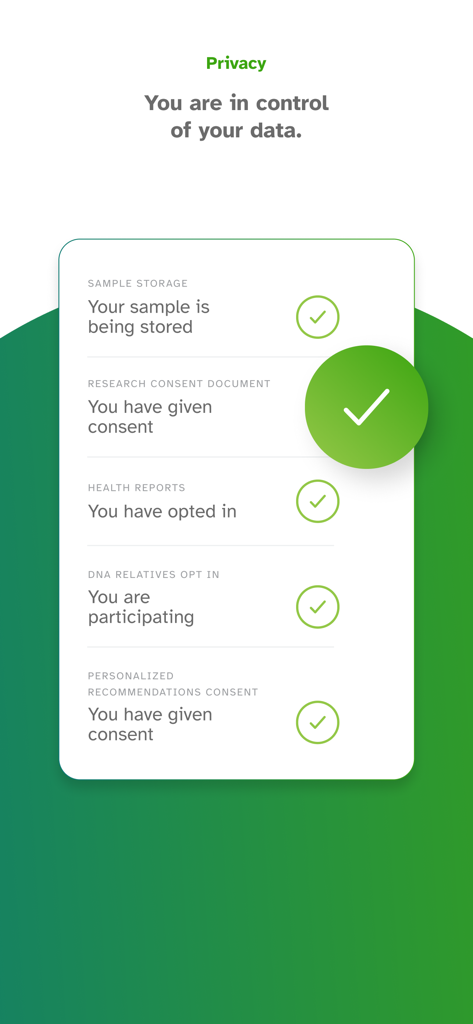 23andMe - DNA Testing - 23andMe app interface showing privacy settings and consent options for genetic data control.