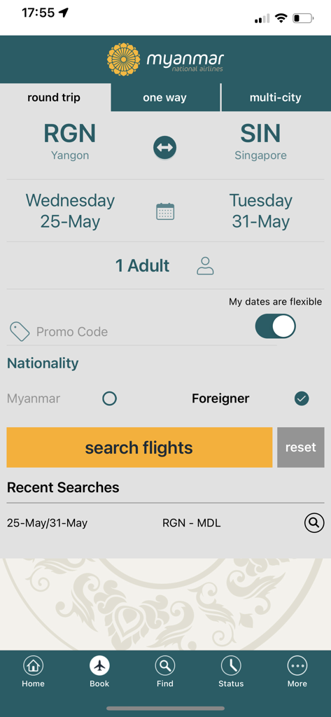 The flight booking screen of the Myanmar National Airlines app showing a round trip search from Yangon to Singapore.