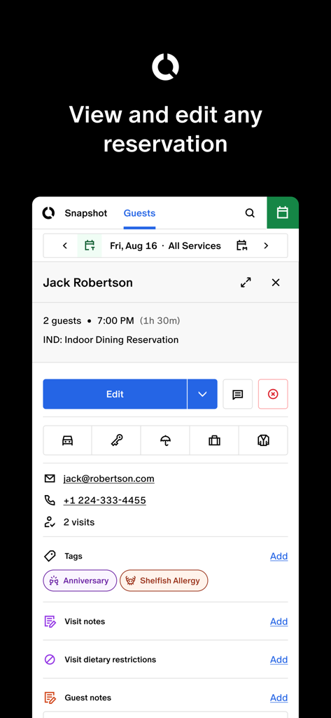Interface de l'application Tock Dashboard montrant une réservation détaillée de restaurant pour un client nommé Jack Robertson avec des étiquettes pour anniversaire et allergie aux fruits de mer