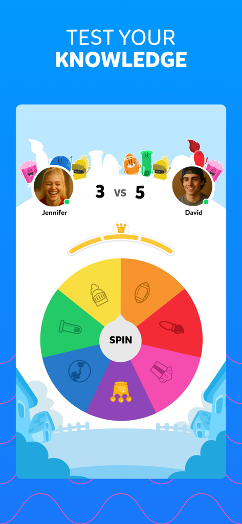 Interfaz de juego de Trivia Crack Premium mostrando a dos jugadores en un duelo con una colorida rueda giratoria de categorías.