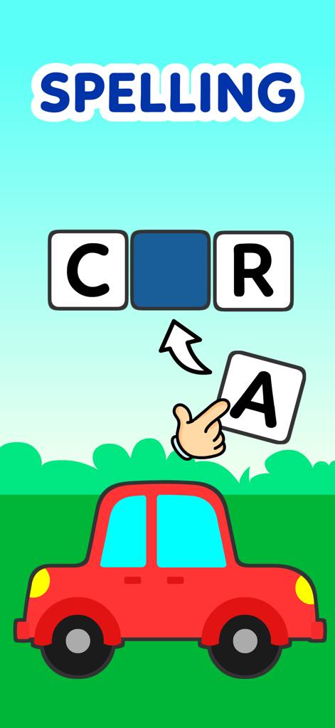 Educational spelling game for kids in the KidloLand School app featuring a car word activity