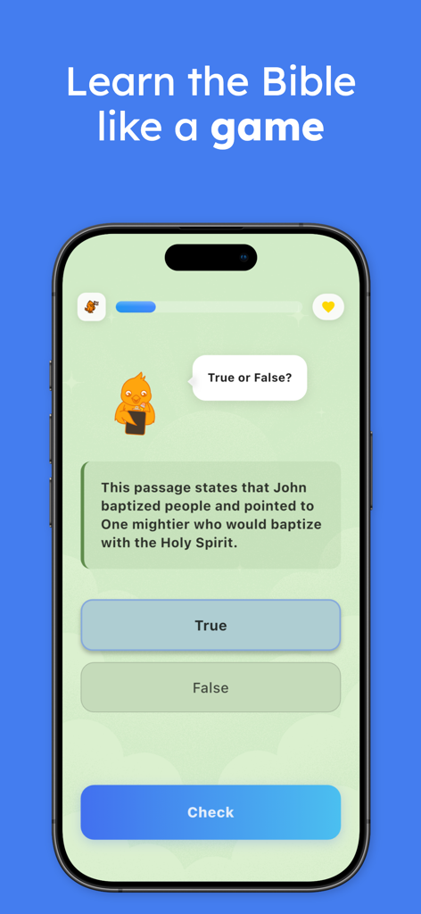 A gamified Bible study quiz interface in the Ascend app featuring a true or false question and a phoenix mascot.