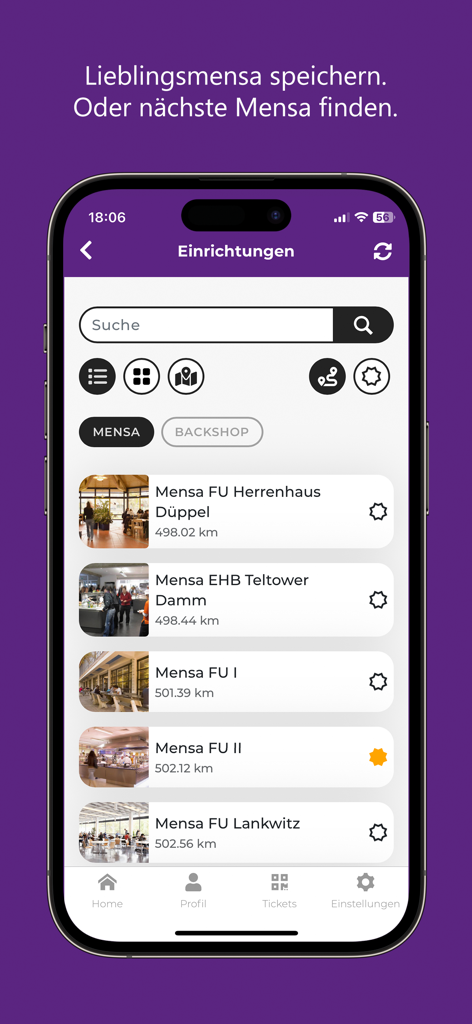 Oberfläche der studierendenWERK BERLIN App, die eine Liste von Universitäts-Cafeterias mit Such- und Filteroptionen anzeigt