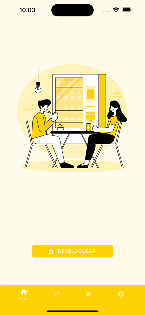 Pantalla de inicio de la aplicación Clean Meal con una ilustración de personas comiendo y un botón para desbloquear el frigorífico inteligente