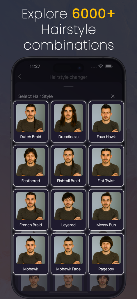 AI Photo Editor : ImageAI - Interface d'application mobile montrant diverses coiffures masculines disponibles dans la fonctionnalité de changement de coiffure de ImageAI