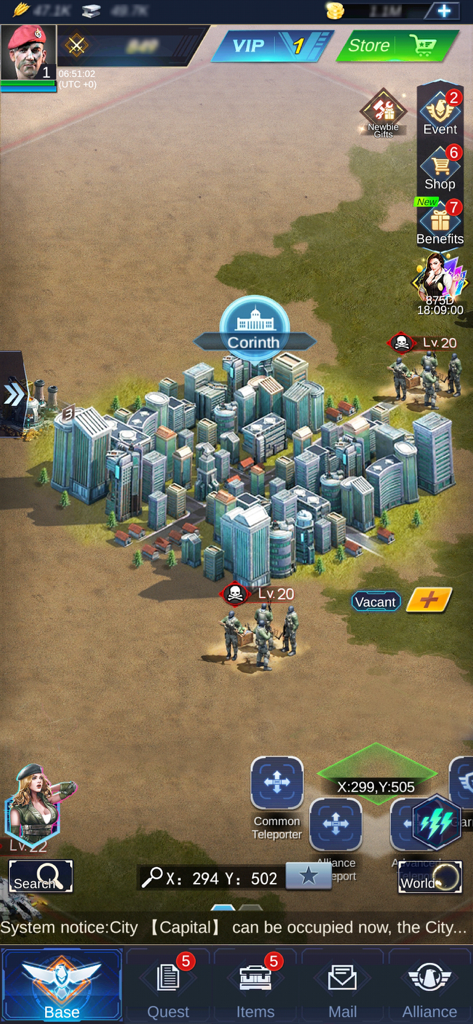 Una interfaz de construcción de bases en Warfare Strike Global War mostrando la ciudad de Corinto y unidades militares en un mapa.