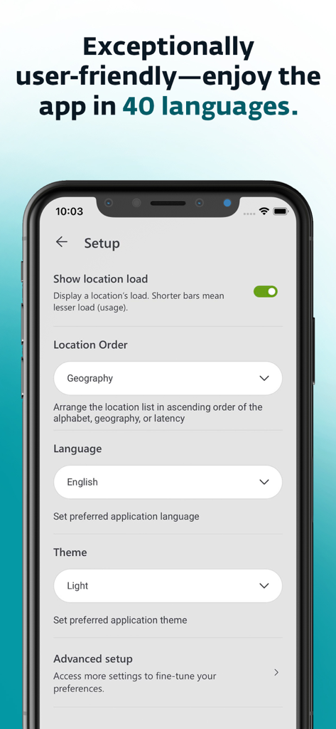 Setup screen of ESET VPN app with language and theme settings