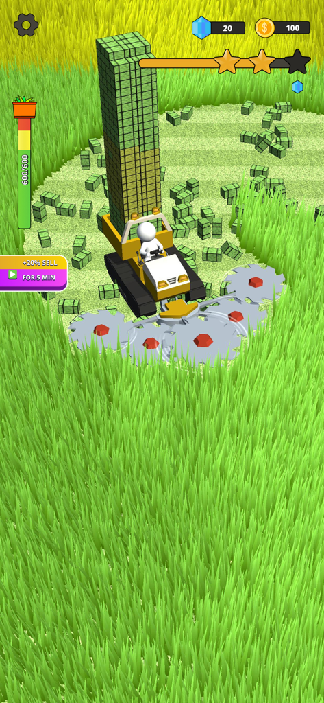 Stone Grass: Lawn Mower Game - A specialized mower machine cutting tall grass in the Stone Grass mobile game