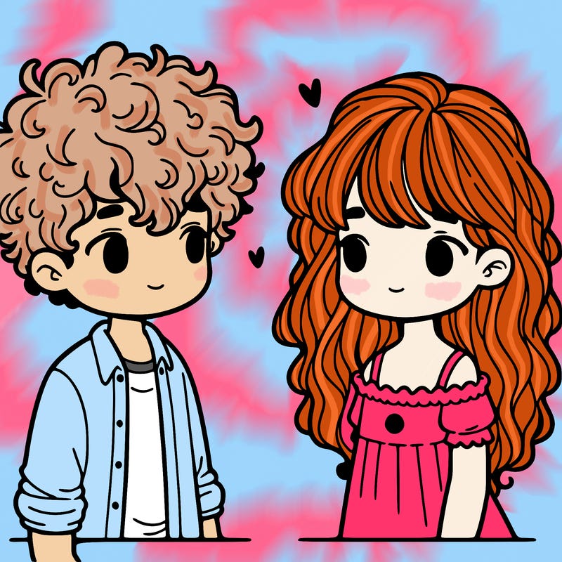 curly haired boy looking at a girl with bangs