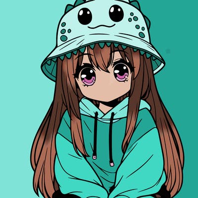 girl with anime shaped eyes with a dinosaur bucket hat oversized sweatshirt long straight hair