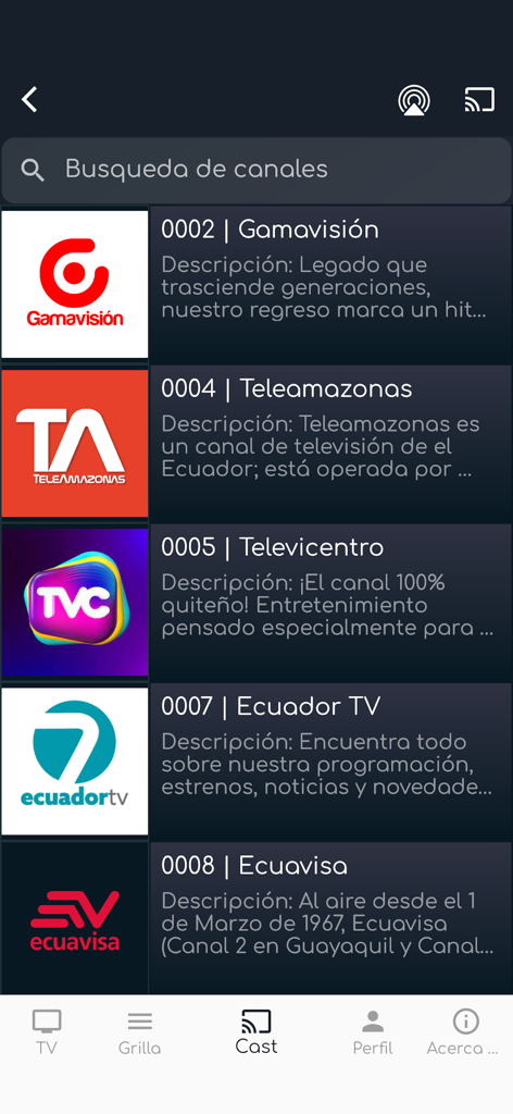 TVMAX - A list of Ecuadorian television channels within the TVMAX streaming app interface.