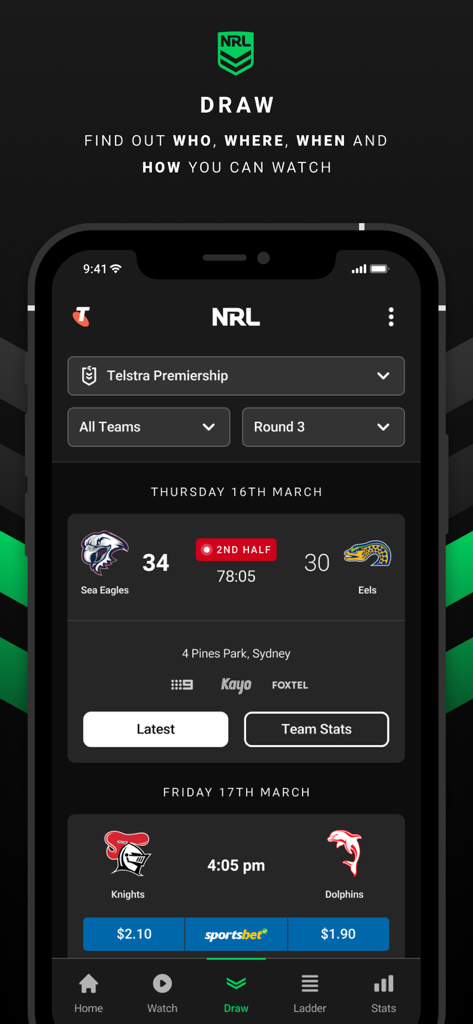 NRL Official App - Screenshot of the NRL Official App showing the match draw with live scores and game schedules.