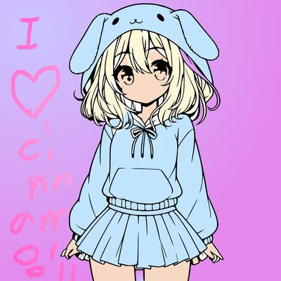 pretty anime girl wearing a fluffy hoodie with bunny ears on the hood and a skirt