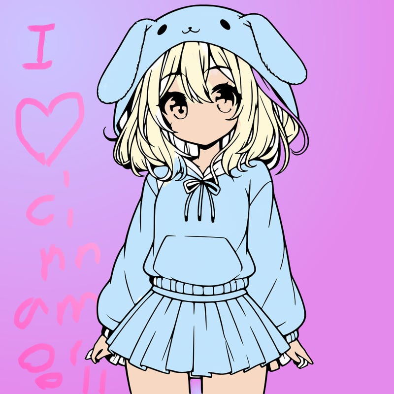 pretty anime girl wearing a fluffy hoodie with bunny ears on the hood and a skirt
