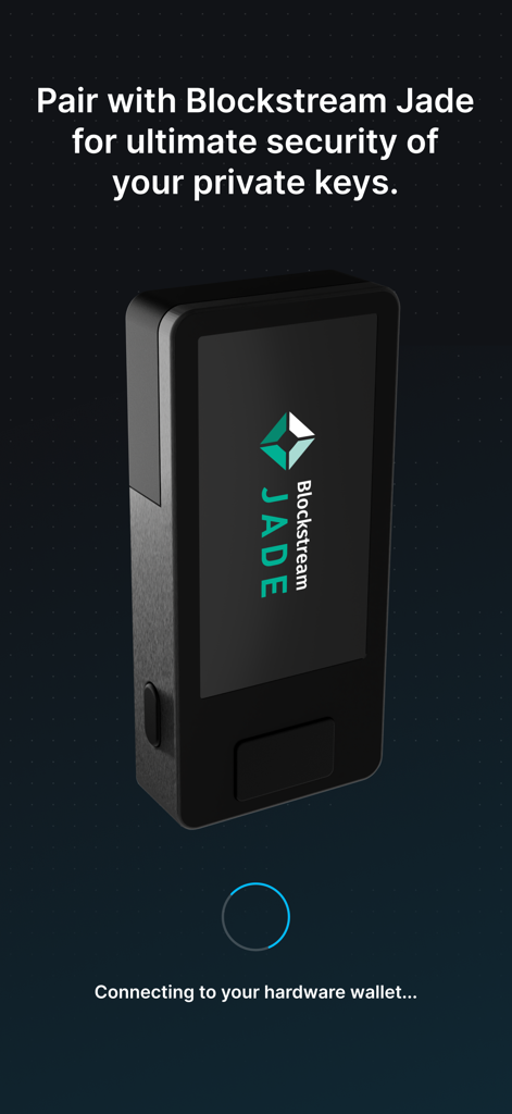 Pairing screen of Blockstream Green app with a Blockstream Jade hardware wallet device for secure private key management.