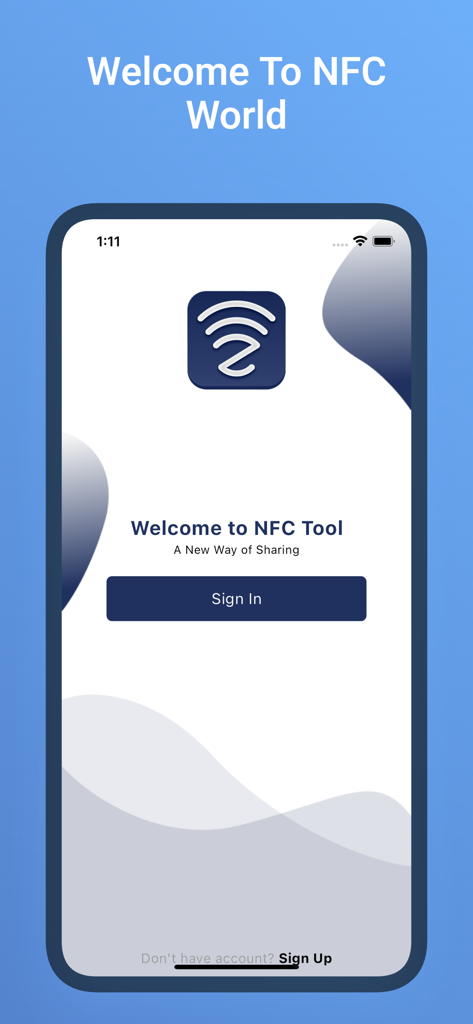 NFC TOOL - Pantalla de bienvenida de la aplicación NFC Tool mostrando opciones de inicio de sesión y una interfaz de usuario ligera