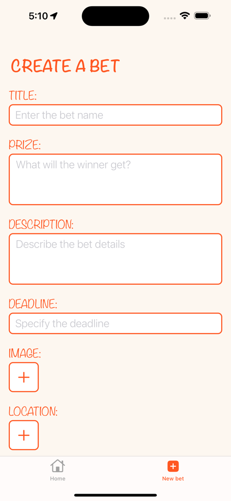 Dispute Diary - Interfaz de la aplicación Diario de Disputas mostrando un formulario para crear una nueva apuesta con campos para título premio descripción y fecha límite.