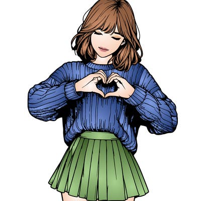 realistic girl in sweater and skirt making a heart with her hands