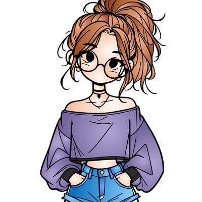 girl with a messy ponytail glasses a baggy crop top and jean shorts