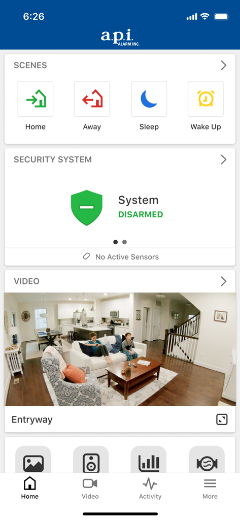 apiALARM - The apiALARM app home screen featuring security system controls and a live video camera feed