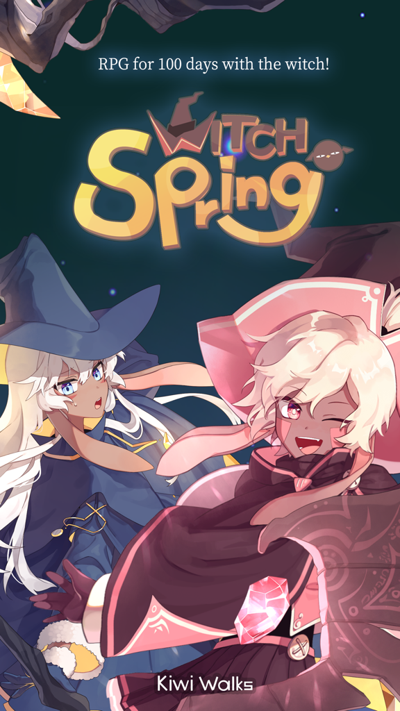 Title screen of WitchSpring RPG featuring two cute anime witch characters