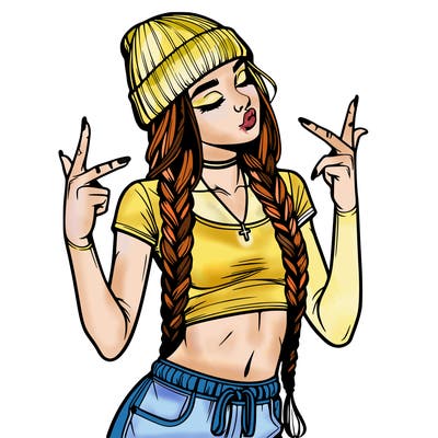 realistic teenage girl with braids and a beanie and crop top doing 🫶🏼