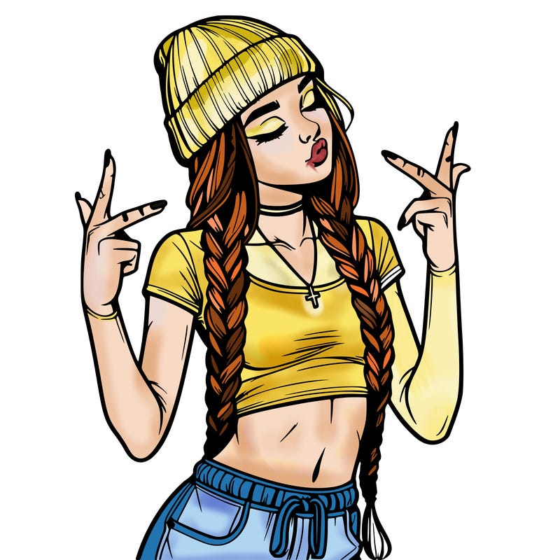 realistic teenage girl with braids and a beanie and crop top doing 🫶🏼
