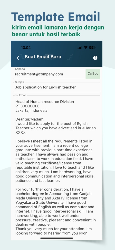 Lamaranku - Lamaranku mobile app interface showing a professional email template for a job application