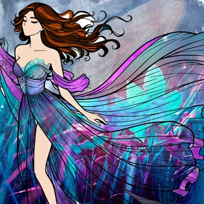 realistic woman in dress flowing the the wind