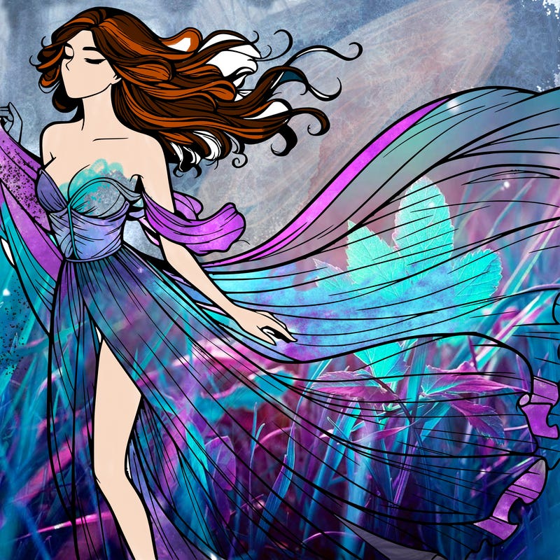 realistic woman in dress flowing the the wind