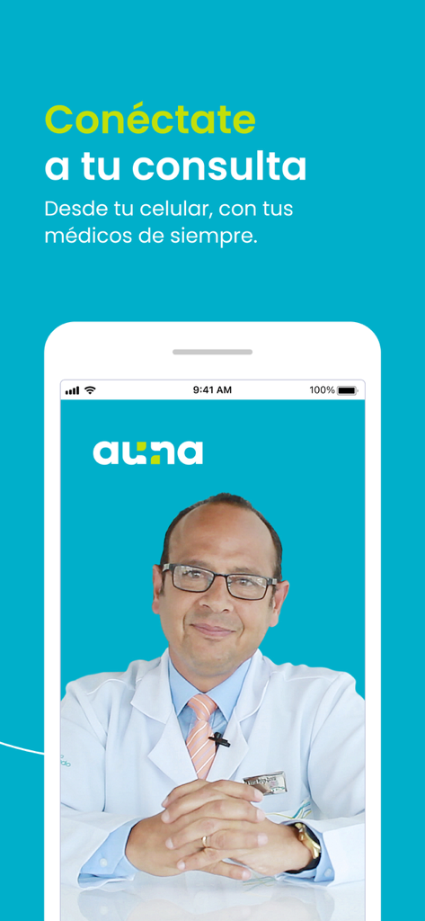 Auna - A smartphone screen from the Auna app showing a doctor for a virtual medical consultation