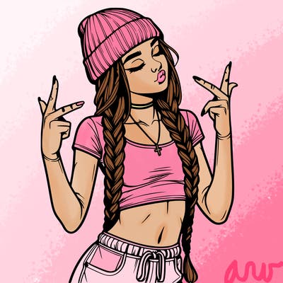 realistic teenage girl with braids and a beanie and crop top doing 🫶🏼