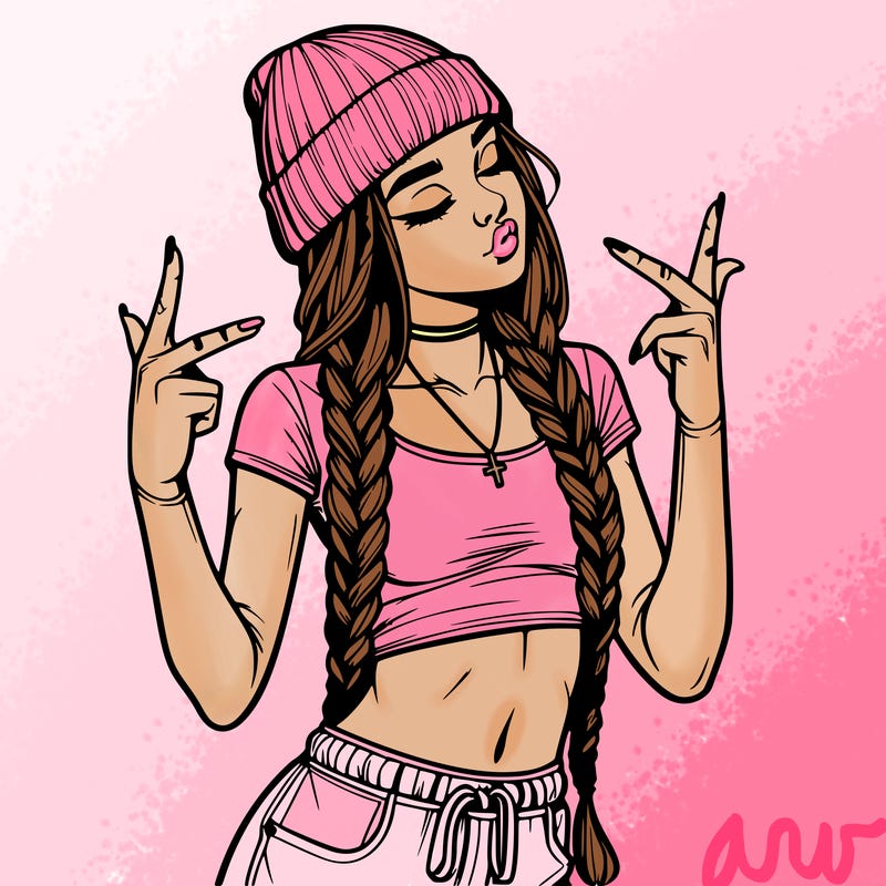 realistic teenage girl with braids and a beanie and crop top doing 🫶🏼
