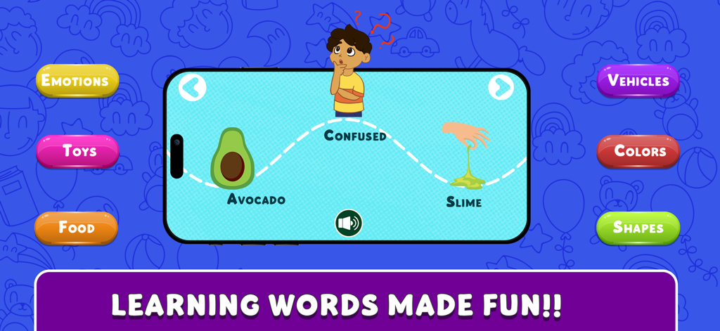 Speakaroo: Speech Therapy - Speakaroo app interface showing interactive word learning games with categories like emotions and food