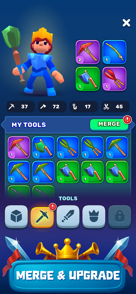 Royal Lands game interface showing the character inventory and merge tool system for upgrades