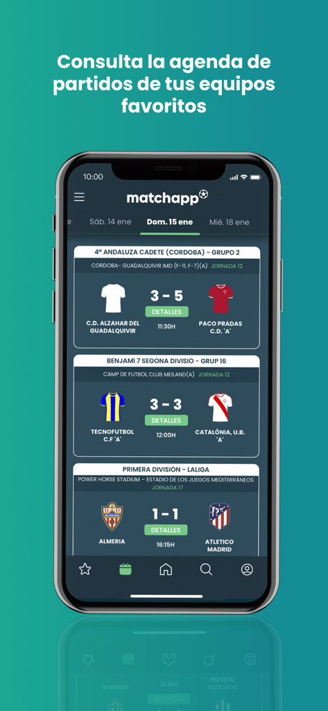 Pantalla de la aplicación móvil que muestra resultados y horarios de partidos de fútbol para ligas juveniles y profesionales españolas