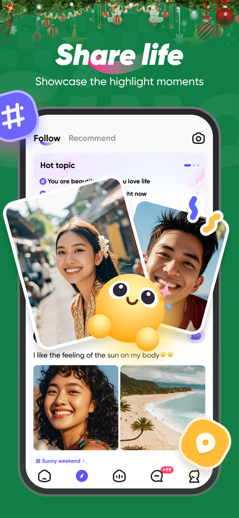 Siya app interface showing a social feed with user photos and a beach scene under the heading Share life.