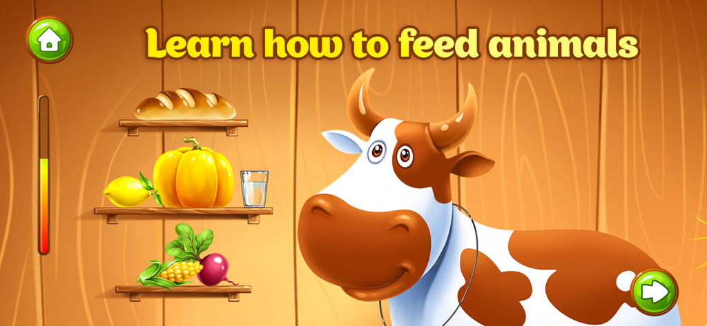 Animal Farm. Educational Games - Educational game screen for kids showing a cartoon cow and shelves with bread, pumpkin, and vegetables to learn how to feed animals