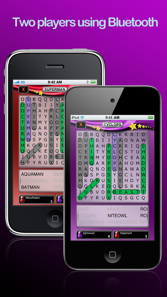 Word Search Party - Two people playing Word Search Party multiplayer using Bluetooth connection on their phones