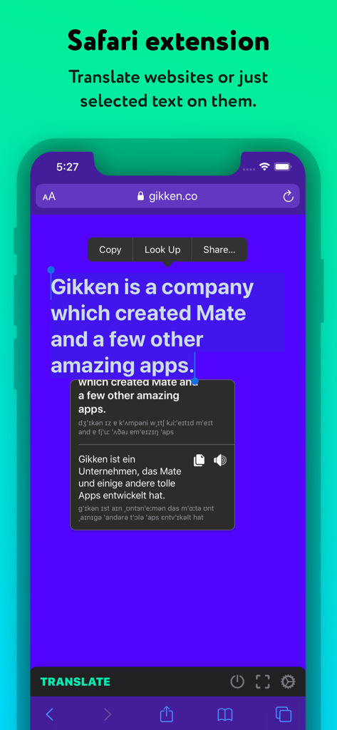 Language Translator by Mate Safari extension translating selected text on a mobile website