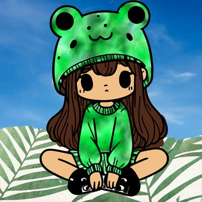 a girl wearing a frog hat and some frog socks