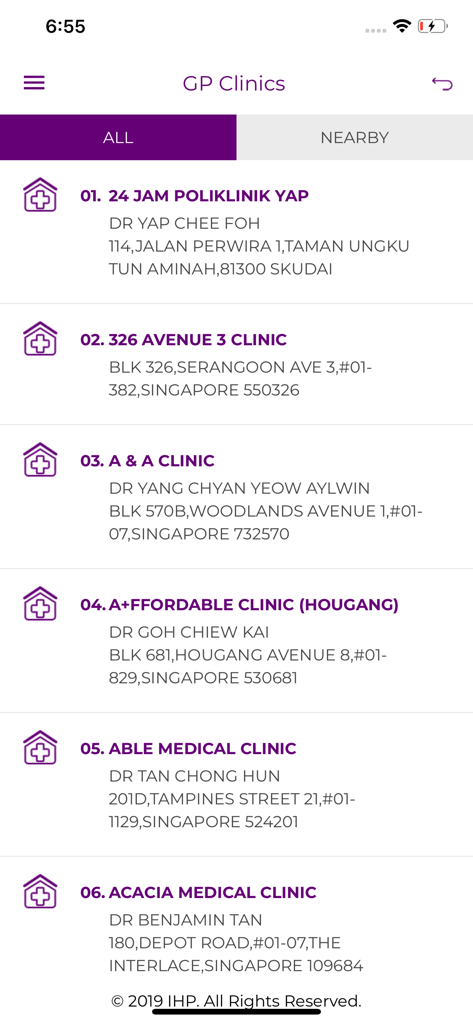 IHP app clinic locator screen displaying a list of accredited general practitioner clinics with addresses and doctors.