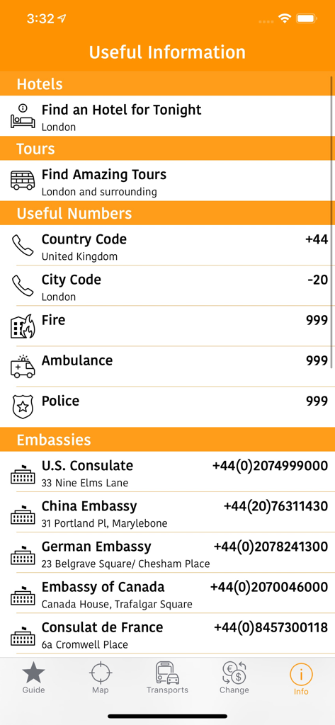 London Map and Travel Guide - 런던 여행자를 위한 비상 전화번호 및 대사관 연락처 등 유용한 정보가 표시된 모바일 앱 화면
