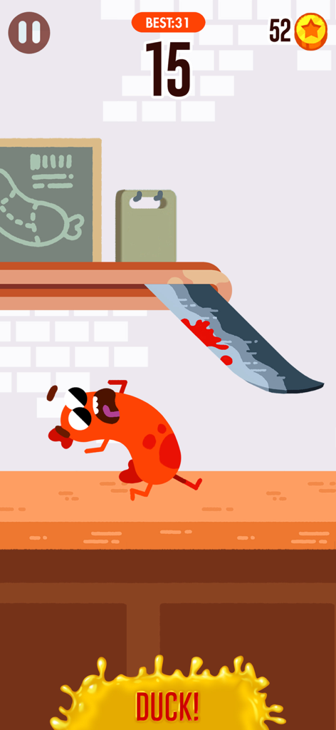 A sausage character ducking to avoid a large kitchen knife in the game Run Sausage Run